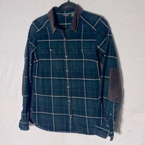 Eddie Bauer Green Plaid Button Up Too With Brown Corduroy Elbow Patches